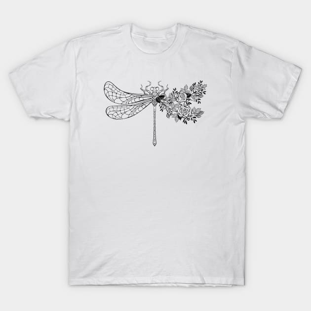Flower dragonfly with contour rose T-Shirt by Blackmoon9
